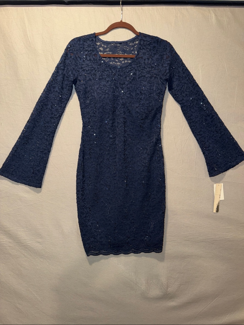 Women's Navy Lace Sequin Sheath Dress - Elegant Long Sleeve